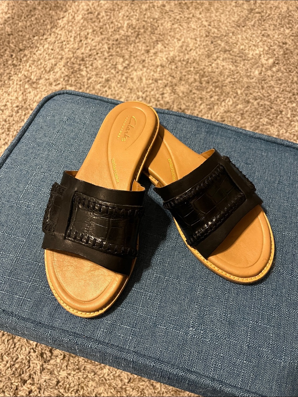 Clarks Black Leather Slip-On Mules with Tan Footbed